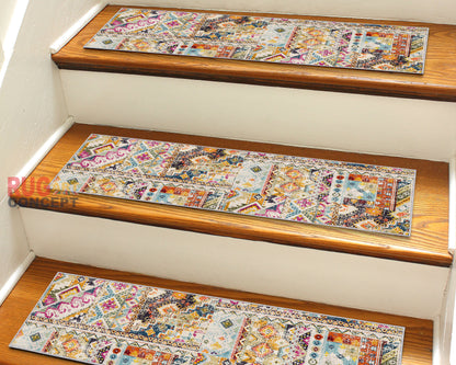 Patchwork Pattern Stair Step Rugs, Boho Style Stair Treads Rugs, Ethnic Stair Mats, Washable Stair Rugs, Colorful Tribal Carpet