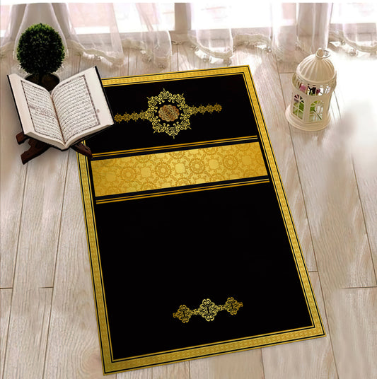 Black and Gold Luxury Prayer Mat, Turkish Motif Prayer Mat, Islamic Prayer Area Rug, Ramadan Eid Gift