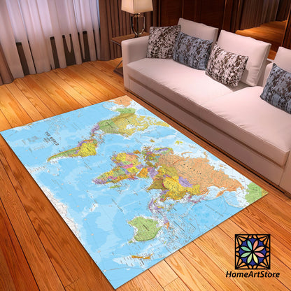 World Map Rug, Educational Carpet, Office Mat, Playroom Carpet, School Rug, Nonslip Washable Floor Mat
