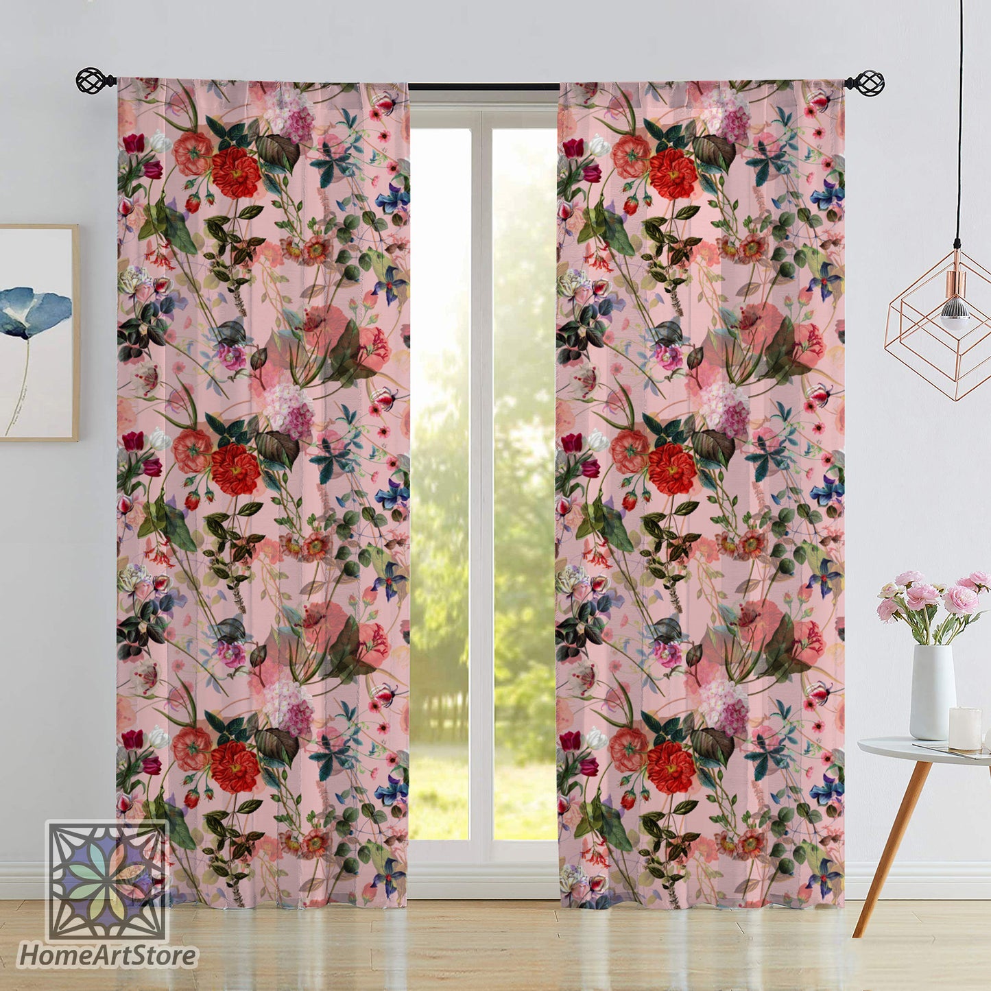 Pink Floral Curtain, Flower Curtain, Bedroom Decor, Tropical Curtain, Home Decor