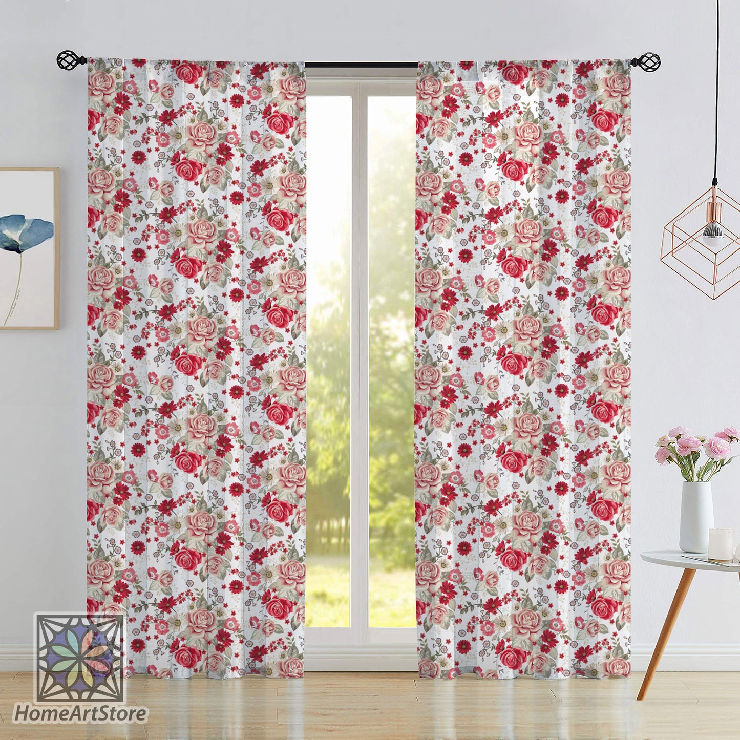 Rose Themed Curtain, Floral Curtain, Decorative Home Decor, Red Rose Curtain, Bedroom Curtain