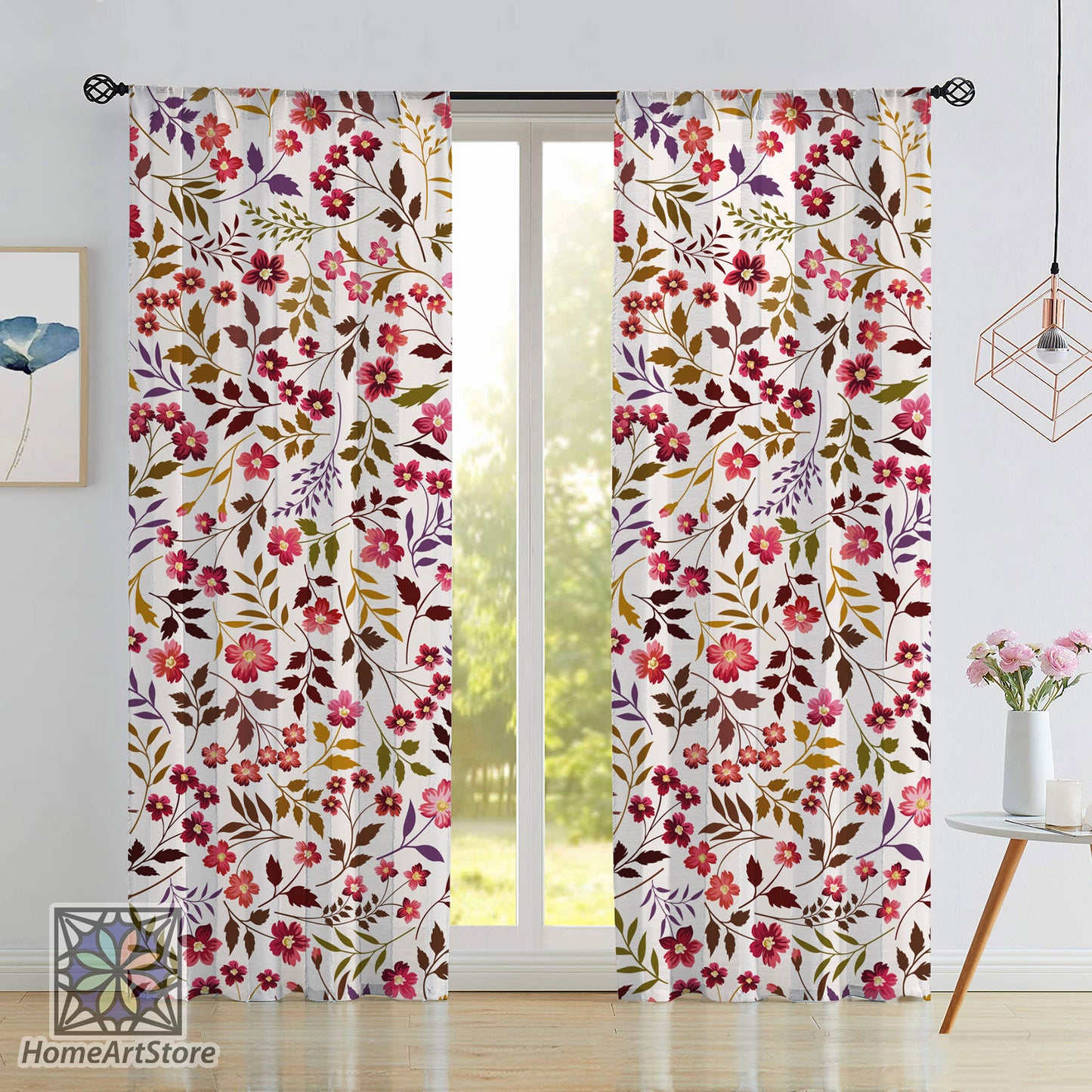 Red Meadow Flower Curtain, Bedroom Curtain, Boho Home Decor, Floral Curtain
