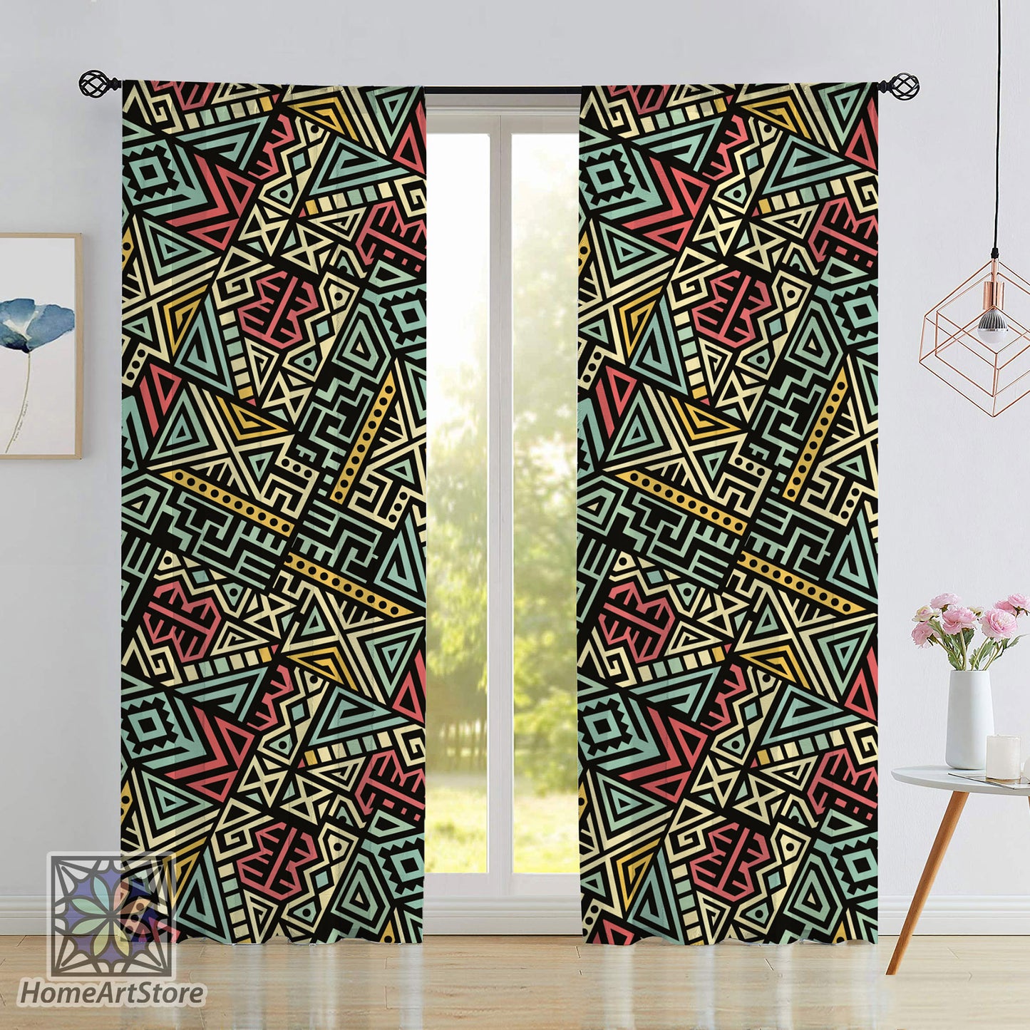 Colorful African Motif Curtain, Aztec Curtain, Patchwork Curtain, Tribal Decor, Living Room Curtain, Traditional Home Decor