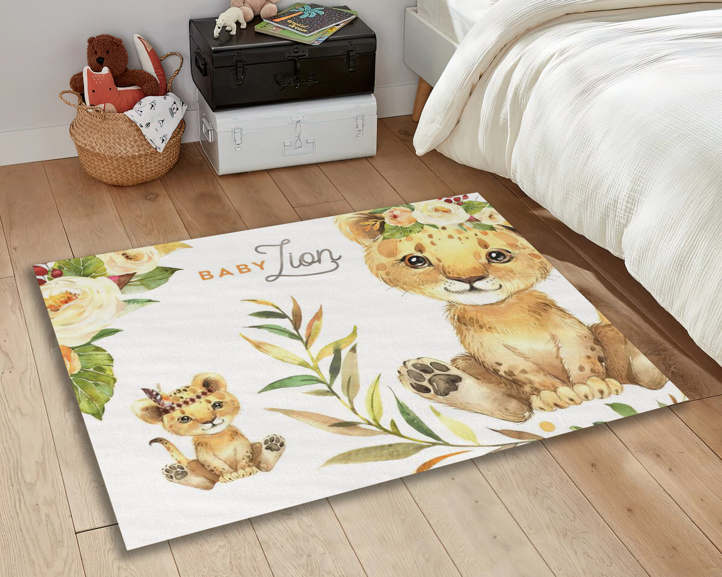 Baby Lion Rug, Cute Animal Carpet, Floral Mat, Baby Room Decor, Nursery Rug, Baby Gift