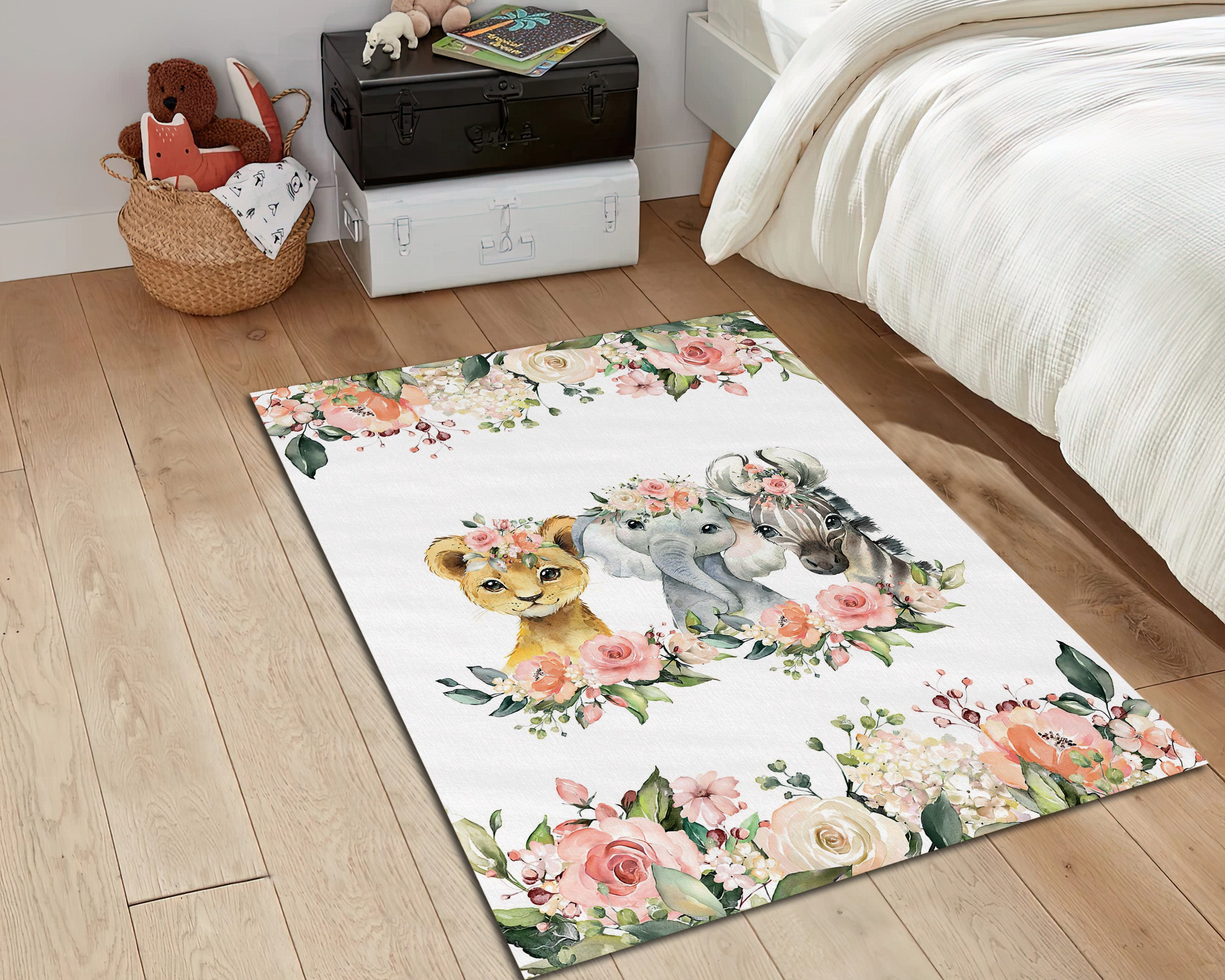 Floral Nursery Rug, Baby Animals Rug, Lion, Zebra, Elephant, Baby Room ...