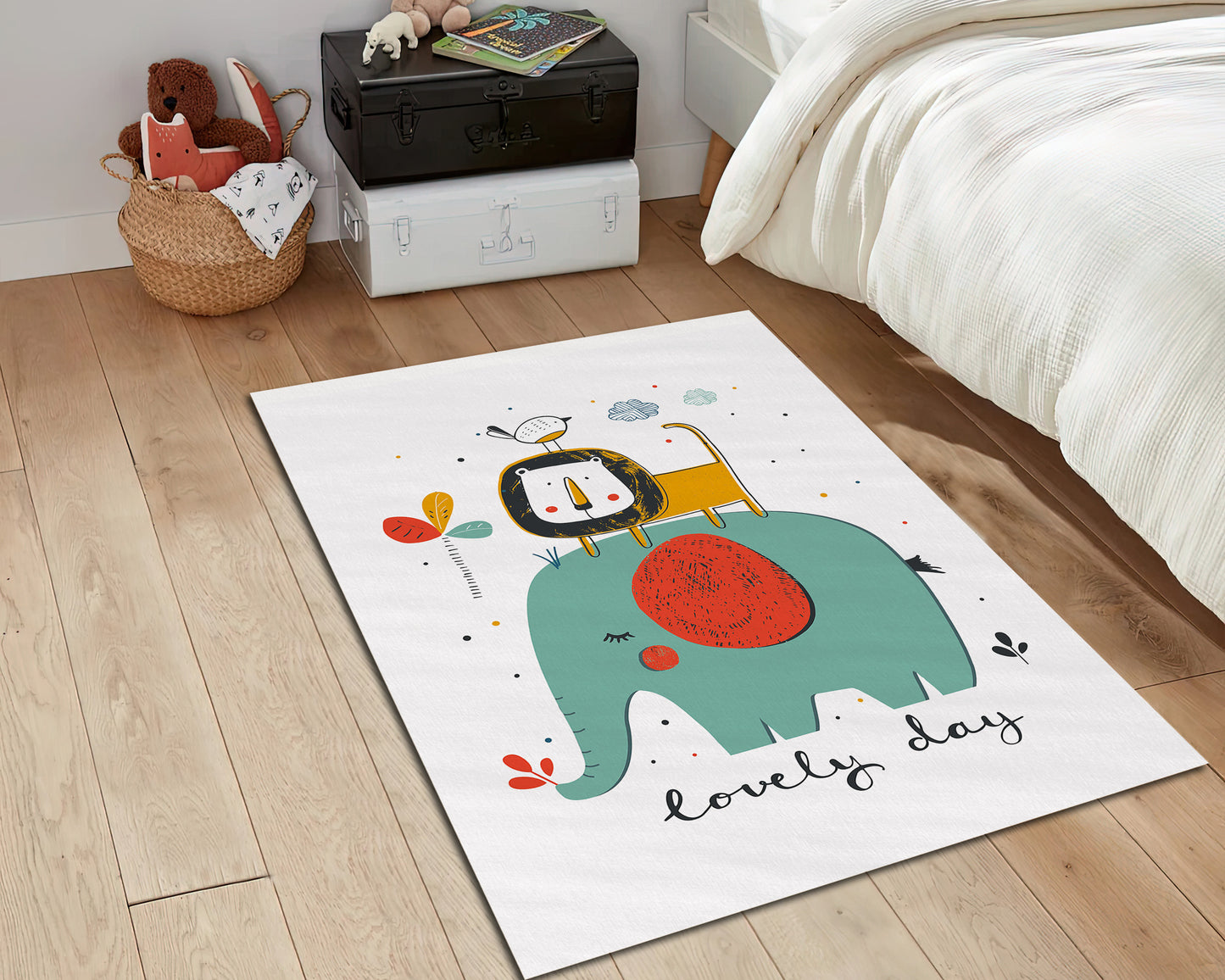 Cute Animals Printed Rug, Baby Room Carpet, Nursery Mat, Lion Rug, Elephant Themed Rug