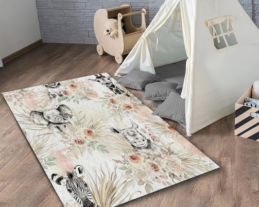 Cute Animals Nursery Rug, Baby Room Carpet, Floral Pattern Mat, Baby Shower Decor, Baby Gift