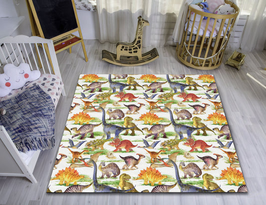 Dino Pattern Rug, Play Room Carpet, Dinosaur Motifs Decor, Animals Rug, Cute Nursery Mat