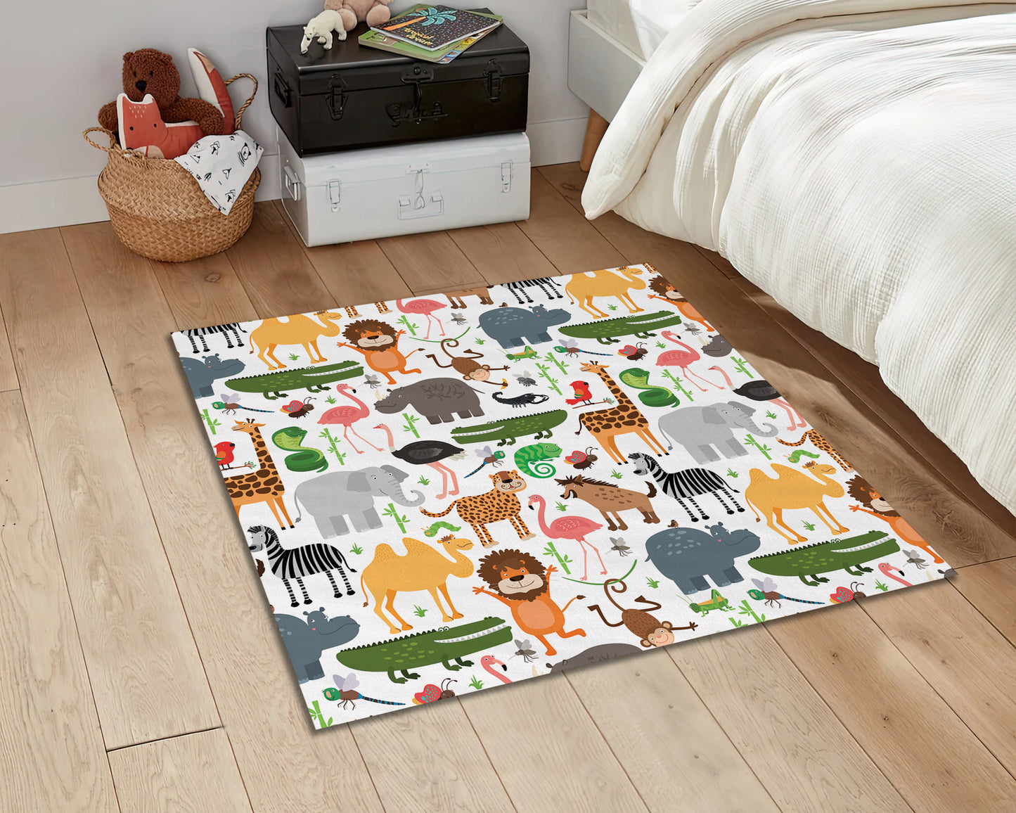 Zoo Pattern Rug, Baby Room Carpet, Nursery Play Mat, Colorful Animal Decor, Safari Rug
