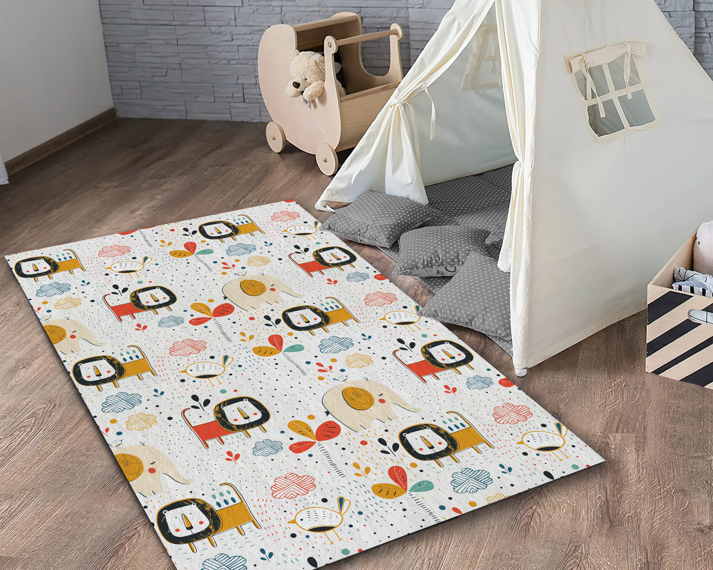 Safari Animals Rug, Children Room Carpet, Elephant Pattern Mat, Nursery Playroom Rug