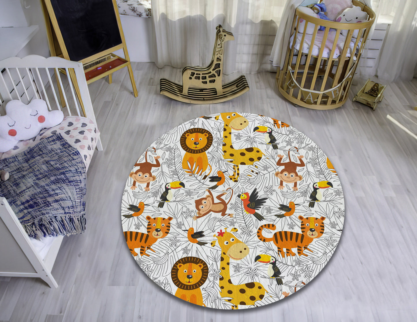 Animal Printed Kids Room Rug, Zoo Animals Carpet, Nursery Play Mat, Baby Gift