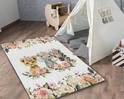 Cute Safari Animals Rug, Floral Printed Nursery Mat, Baby Room Carpet, Flower Kids Decor, Baby Gift