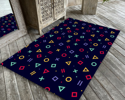 90s Classic Arcade Video Game Rug, Geometric Patterns Gamer Carpet, Play Room Decor, Gift for Gamer