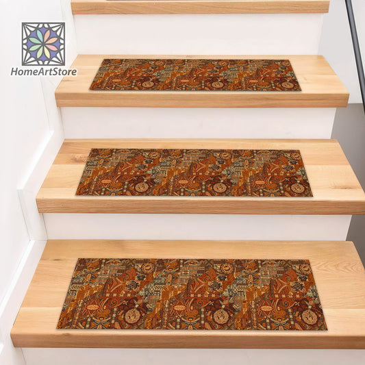 Authentic Themed Stair Rug, Patchwork Pattern Stair Tread Mats, Ethnic Stair Carpet, Tribal Decor