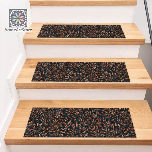 Autumn Leaves Pattern Stair Rugs, Dark Color Step Mats, Modern Stair Tread Carpet, Nonslip Step Mat, Boho Style Step Mat