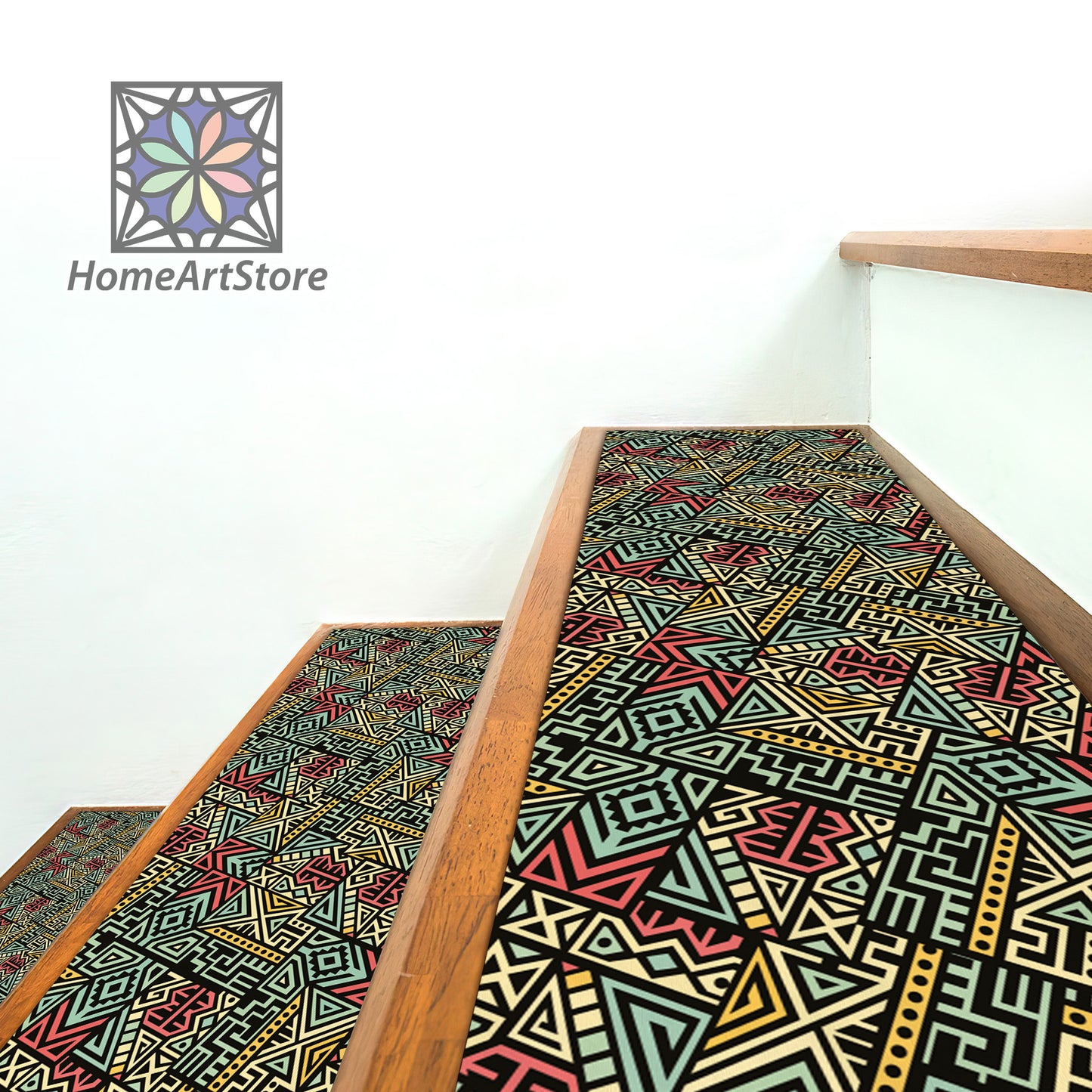 Tribal Motif Stair Step Rugs, Aztec Stair Carpet, Ethnic Step Mats, Machine Washable, Geometric Stair Mat