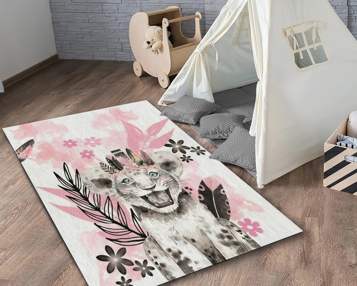 Cute Lion Themed Rug, Floral Carpet, Baby Room Mat, Animal Decor, Kids Room Rug