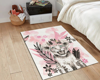 Cute Lion Themed Rug, Floral Carpet, Baby Room Mat, Animal Decor, Kids Room Rug