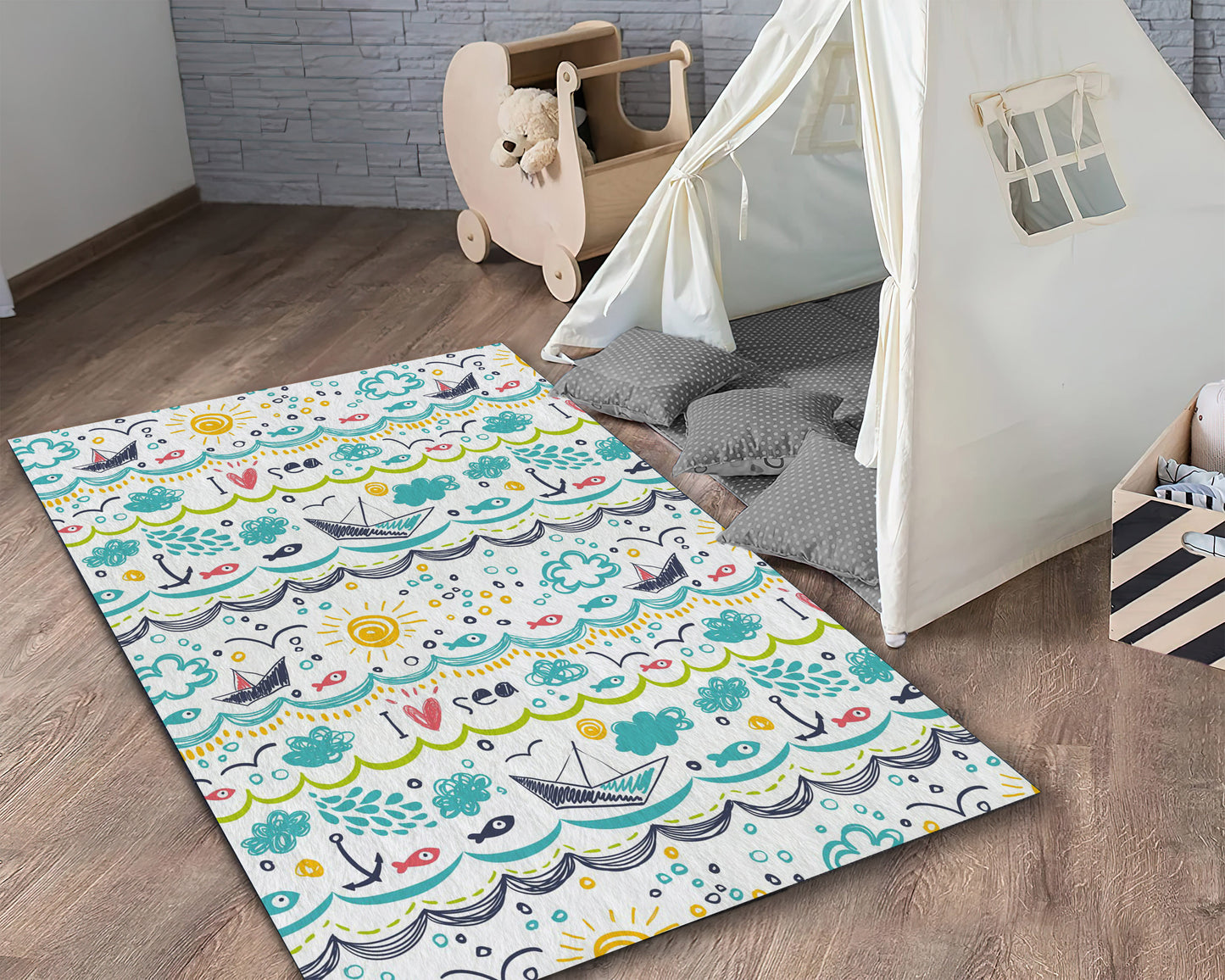 Blue Anchor Themed Rug, Sea Boat Carpet, Kids Room Mat, Baby Shower Decor, Baby Gift