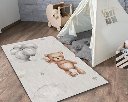 Bear and Balloon Rug, Kids Room Carpet, Baby Shower Decor, Nursery Play Mat, Baby Gift