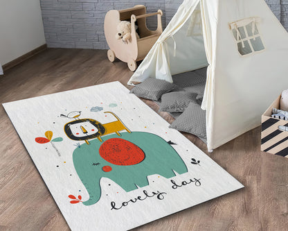 Cute Animals Printed Rug, Baby Room Carpet, Nursery Mat, Lion Rug, Elephant Themed Rug