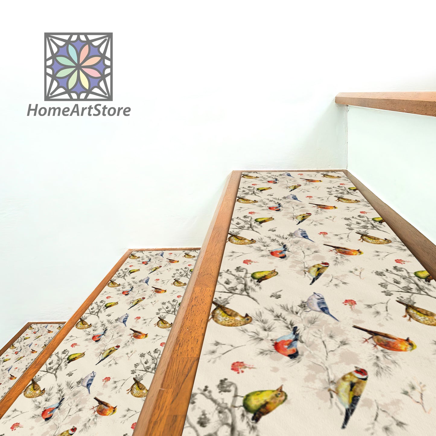 Birds and Flower Stair Rugs, Minimal Stair Step Mats, Boho Home Decor, Machine Washable Non-Slip Backing Step Carpet