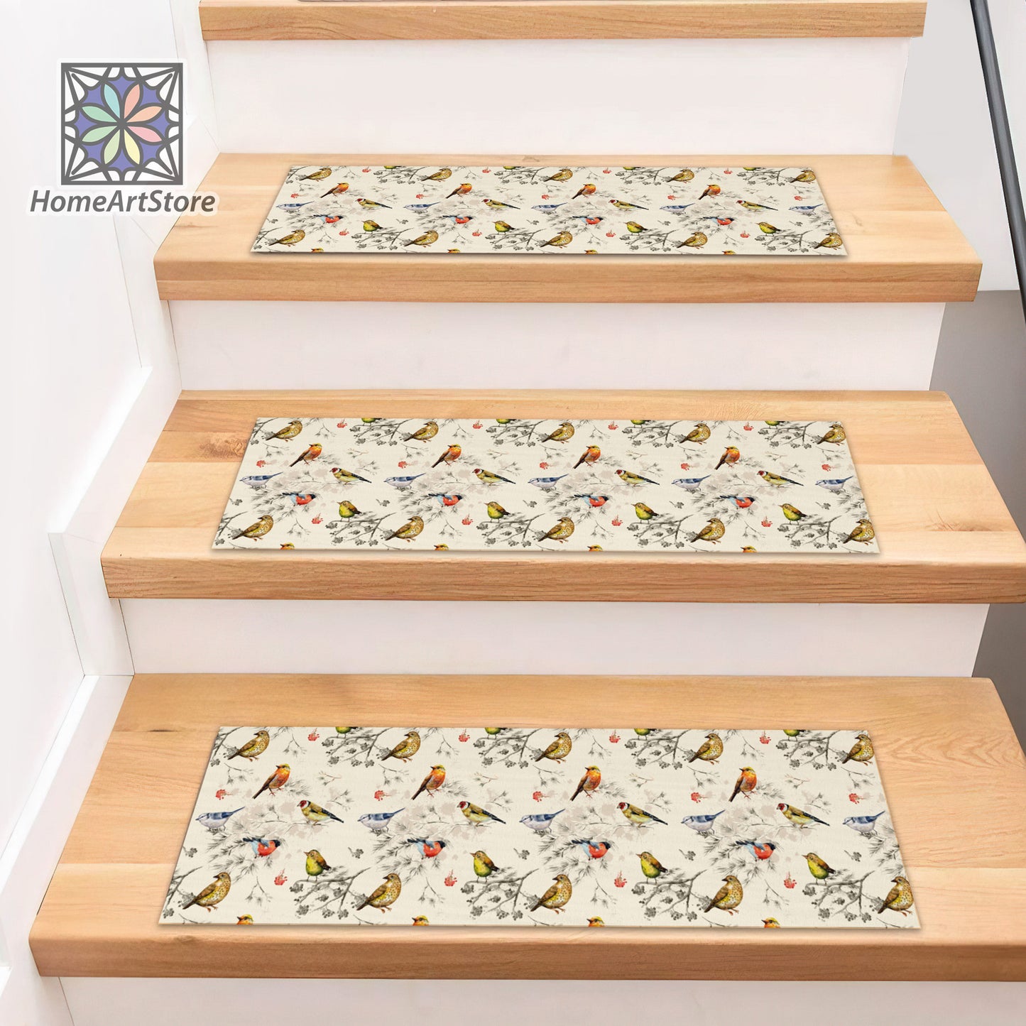 Birds and Flower Stair Rugs, Minimal Stair Step Mats, Boho Home Decor, Machine Washable Non-Slip Backing Step Carpet