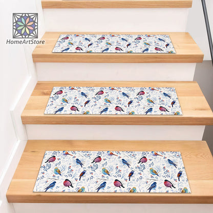 Birds Pattern Stair Rugs, Leaves Pattern Stair Tread Carpet, Colorful Nature Step Mats, Boho Step Carpet, Housewarming Gift