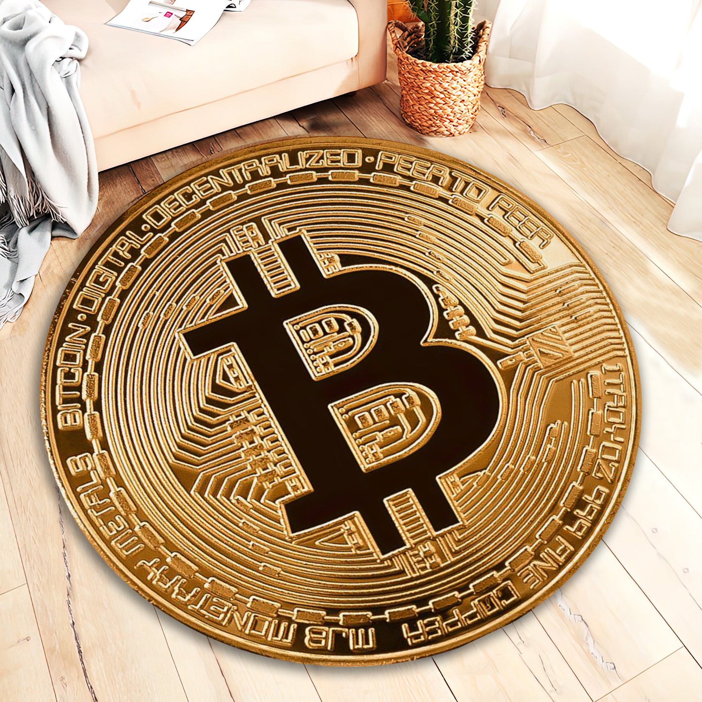 Bitcoin Rug, Finance Themed Decor, Office Round Mat, Money Mat, 3D Coin Rug, Crypto Carpet