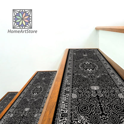 Scandinavian Stair Rugs, Black and White Boho Style Stair Mats, Cool Stair Tread Carpet, Nonslip Backing Modern Step Rugs