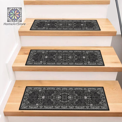 Scandinavian Stair Rugs, Black and White Boho Style Stair Mats, Cool Stair Tread Carpet, Nonslip Backing Modern Step Rugs