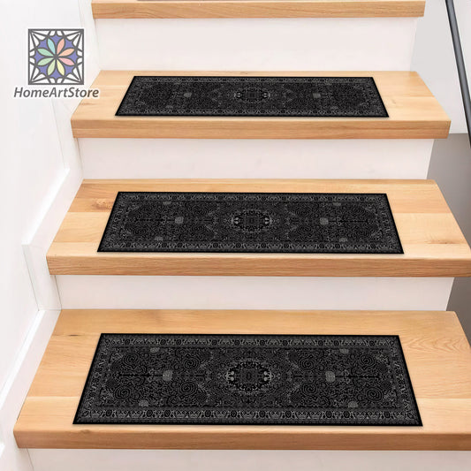 Black and Silver Scandinavian Stair Rugs, Boho Style Stair Mats, Cool Stair Tread Carpet, Nonslip Backing Modern Step Rugs