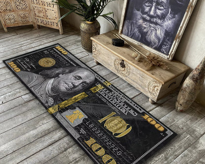 100 Dollar Printed Rug, Benjamin Franklin Carpet, Vintage Bill Runner Mat, Money Themed Decor
