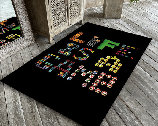 Black Video Game Rug, Life is a Game Carpet, Game Room Mat, Gaming Rug, Gift for Gamer