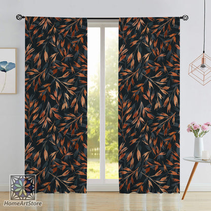 Leaf Patterned Black Curtain, Living Room Curtain, Decorative Floral Curtain, Modern Curtain, Home Decor