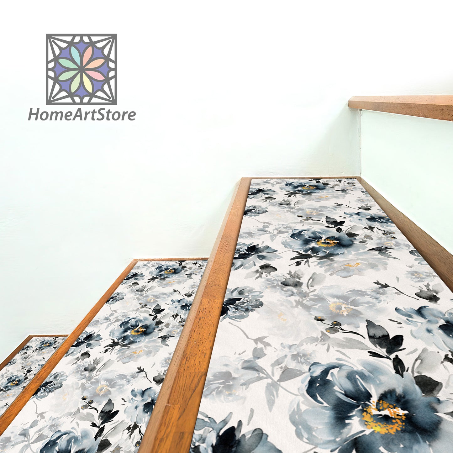 Black Rose Printed Stair Rugs, Floral Stair Step Rug, Flower Pattern Stair Mats, Modern Stair Tread Carpet
