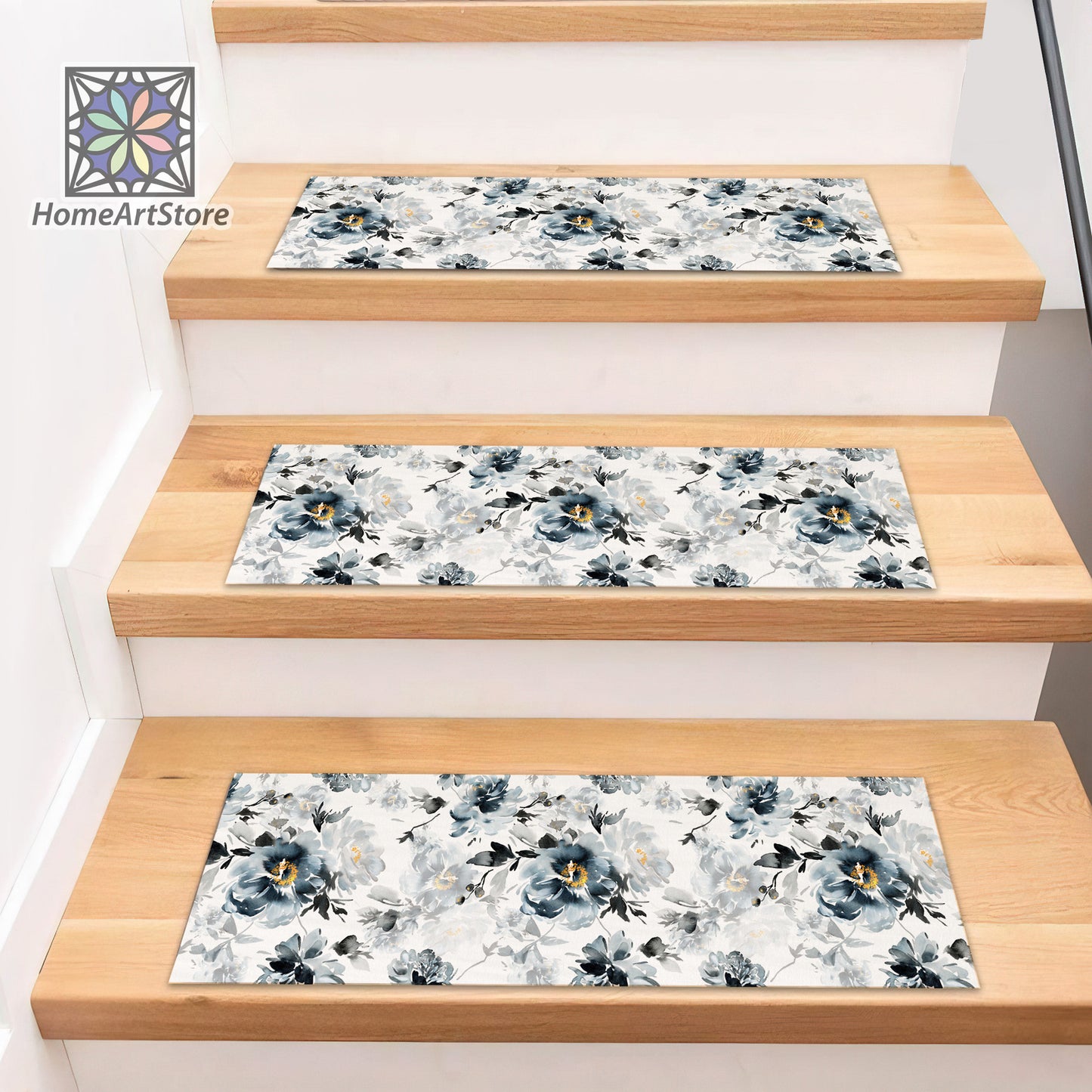 Black Rose Printed Stair Rugs, Floral Stair Step Rug, Flower Pattern Stair Mats, Modern Stair Tread Carpet