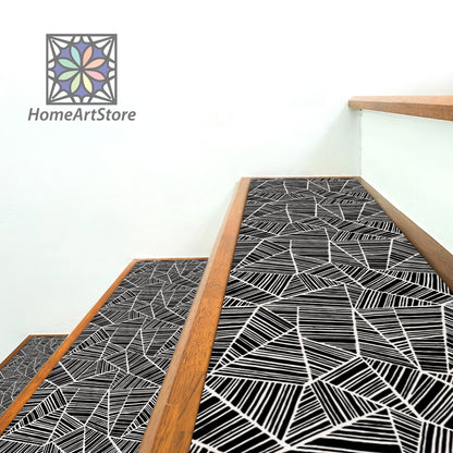 Black and White Geometric Stair Rugs, Boho Style Stair Tread Carpet, Stylish Stair Mats, Minimalist Decor