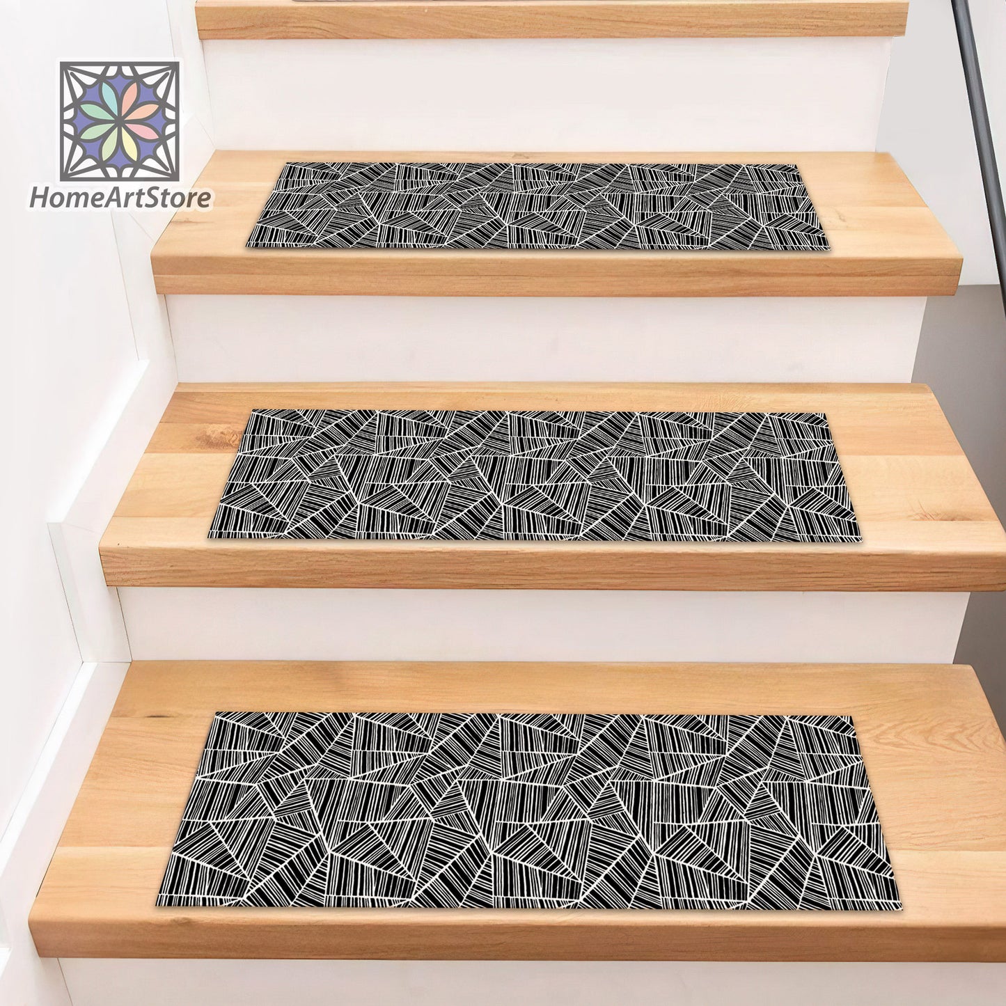 Black and White Geometric Stair Rugs, Boho Style Stair Tread Carpet, Stylish Stair Mats, Minimalist Decor