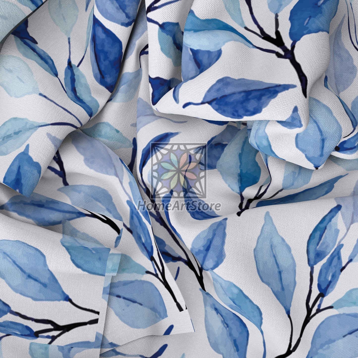 Blue Leaves Curtain, Watercolor Floral Curtain, Summer House Decor, Modern Kitchen Curtain, Botanic Curtain