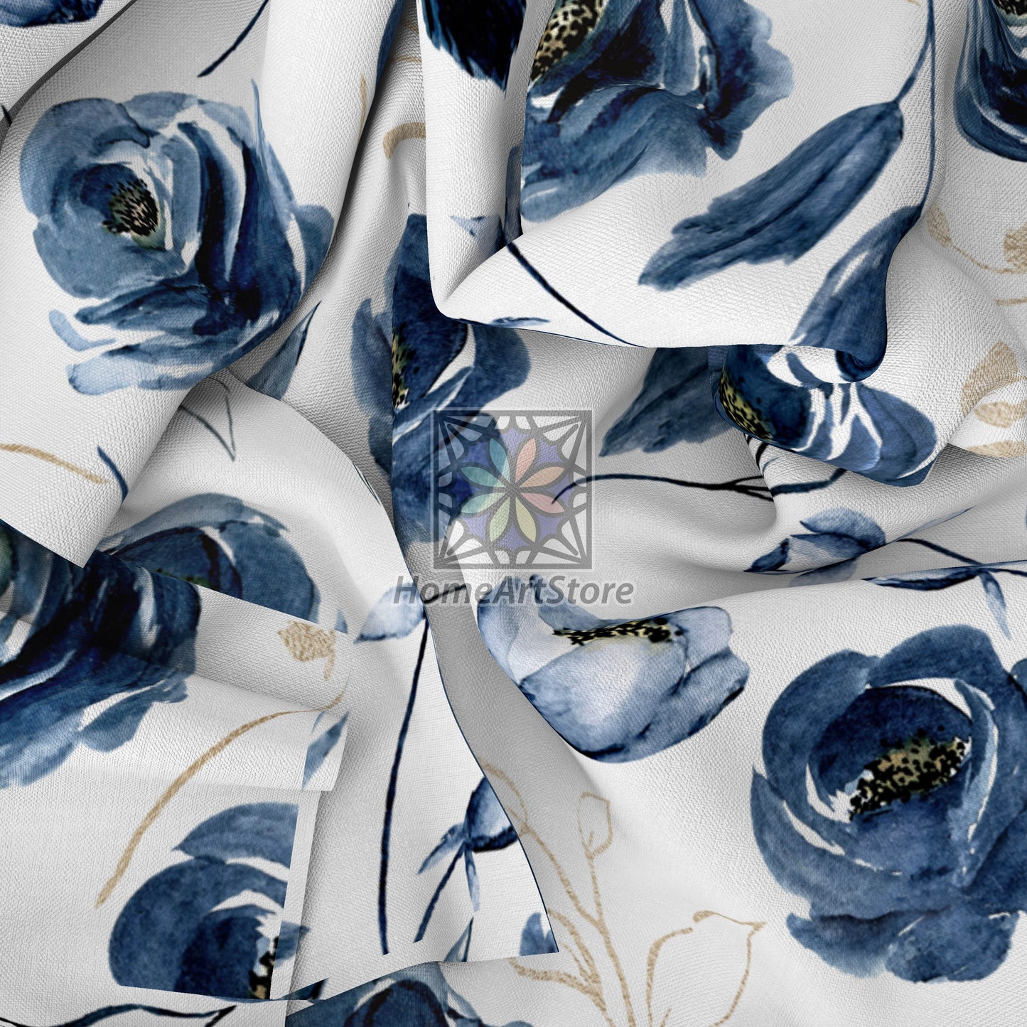 Navy Blue Roses Curtain, Floral Curtain, Flower Living Room Curtain, Kitchen Curtain, Home Decor