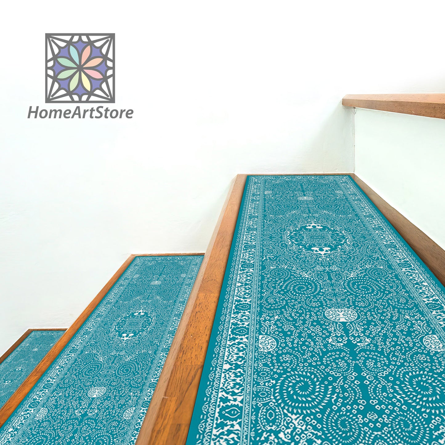 Blue and White Boho Style Stair Rugs, Scandinavian Stair Carpet, Bohemian Decor, Cool Stair Tread Mats, Nonslip Step Rugs