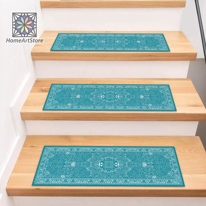Blue and White Boho Style Stair Rugs, Scandinavian Stair Carpet, Bohemian Decor, Cool Stair Tread Mats, Nonslip Step Rugs