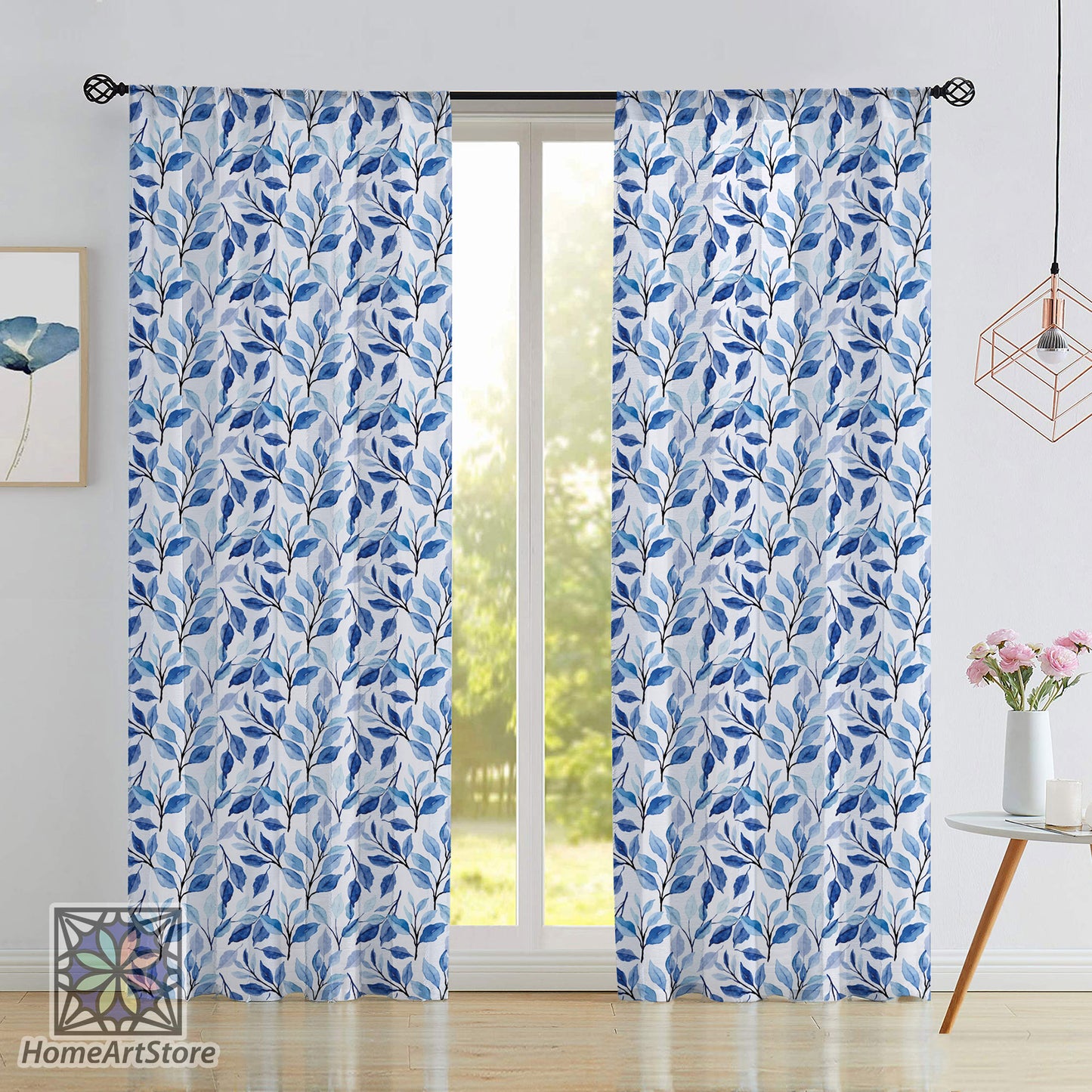 Blue Leaves Curtain, Watercolor Floral Curtain, Summer House Decor, Modern Kitchen Curtain, Botanic Curtain