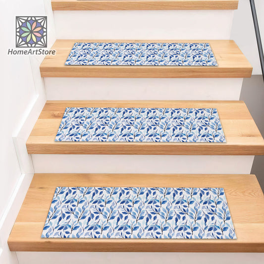 Palm Leaves Stair Rug, Boho Stair Tread Carpet, Blue Color Botanical Step Mat, Tropical Home Decor