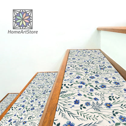 Blue Meadow Pattern Stair Rugs, Floral Stair Tread Mats, Flower Step Carpet, Nonslip Modern Step Rugs
