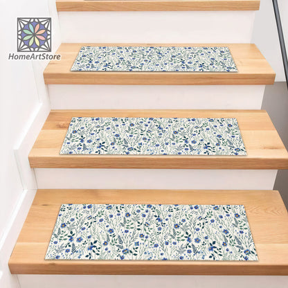 Blue Meadow Pattern Stair Rugs, Floral Stair Tread Mats, Flower Step Carpet, Nonslip Modern Step Rugs