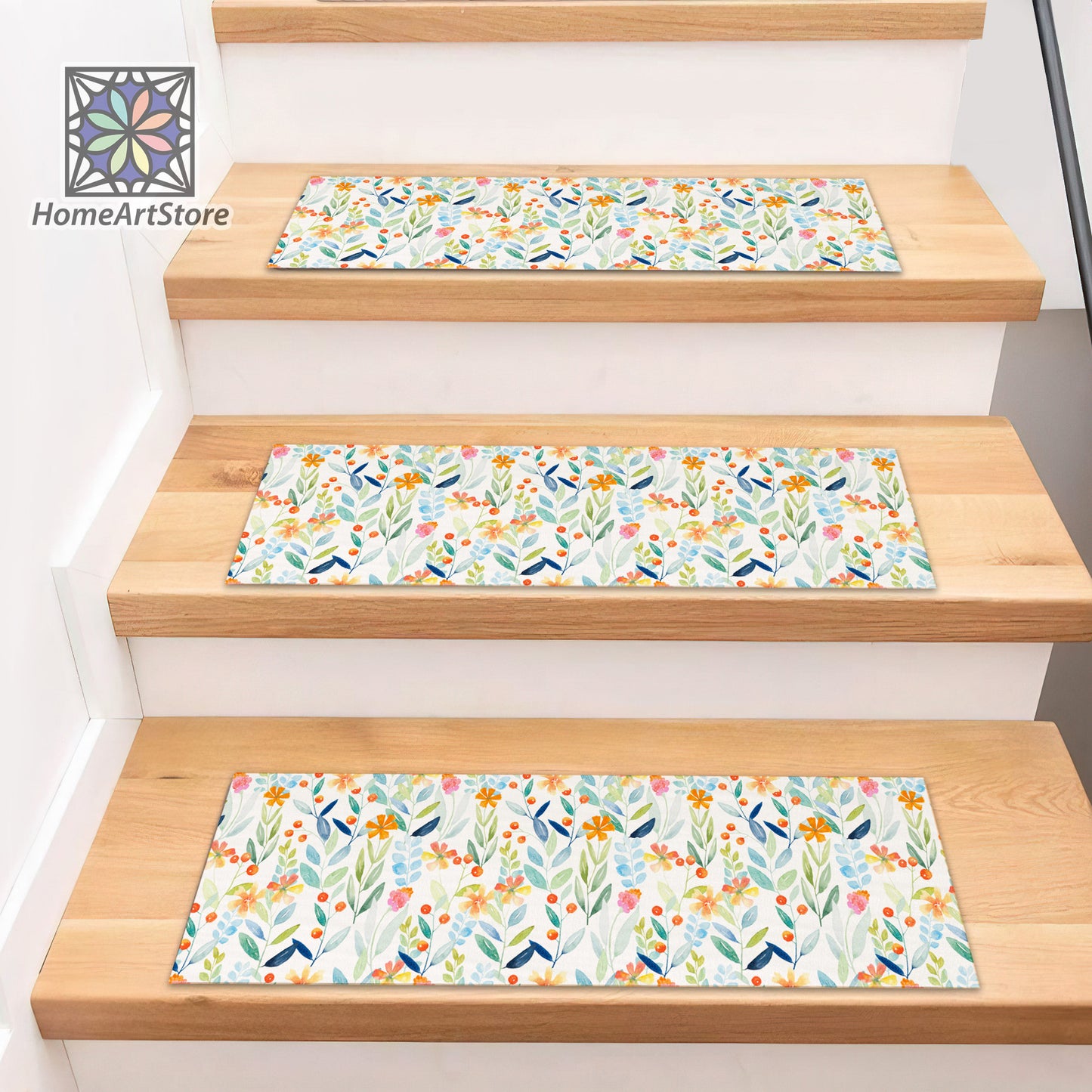 Pastel Color Stair Rugs, Bohemian Themed Stair Treads Carpet, Colorful Flowers Pattern Stair Mats, Machine Washable Step Rug