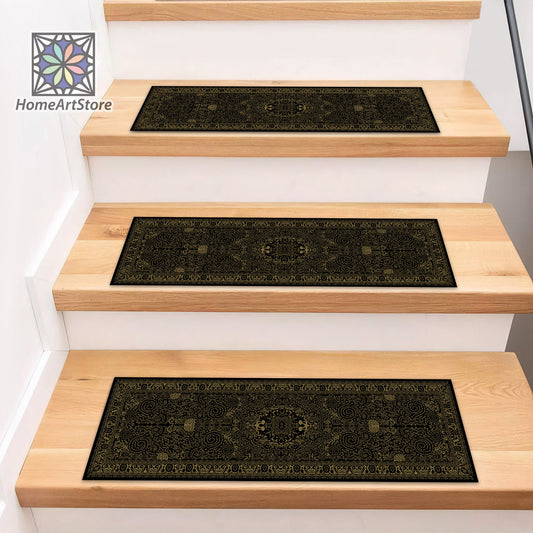 Scandinavian Stair Rugs, Black Boho Style Stair Mats, Cool Stair Tread Carpet, Nonslip Backing Modern Step Rugs