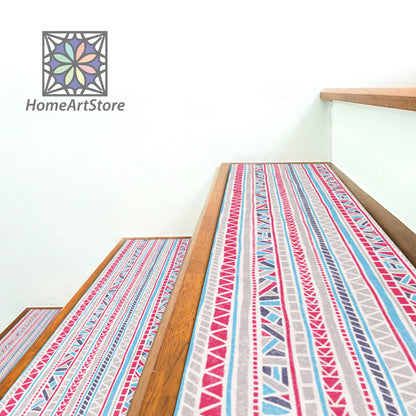 Ethnic Stair Rugs, Boho Style Stair Carpet, Tribal Motif Stair Mats, Geometric Pattern Stair Mat